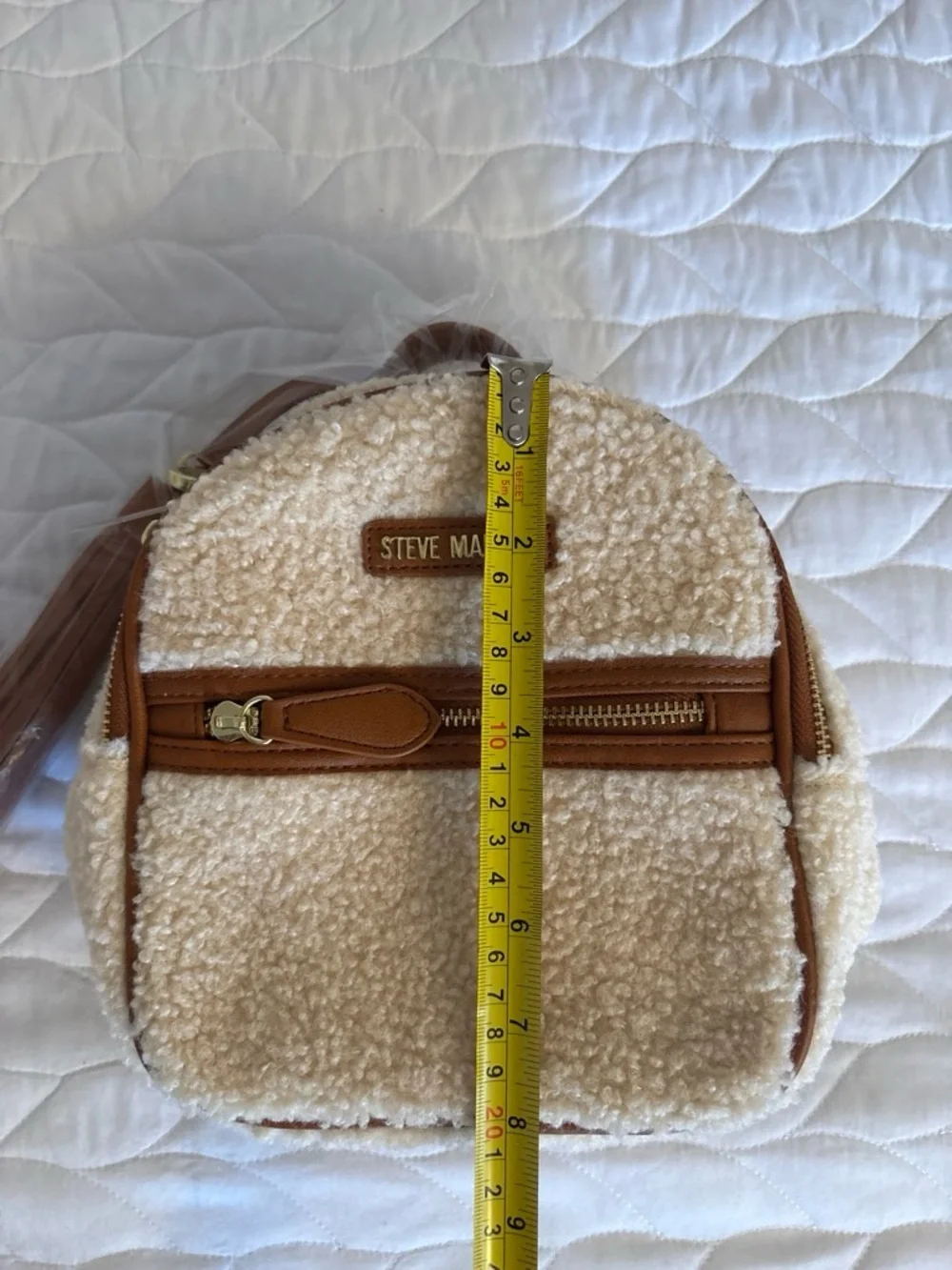 🧸Steve Madden Cream/Brown Mini Backpack Gold Hardware Zip Closure Inner Pockets